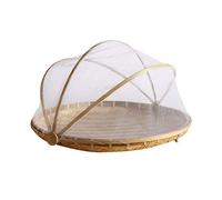 Woven Fruit Vegetable Basket with Net Round Dustproof Wicker Picnic Tray Food Bread Dishes with Gauze Cover Mesh Drying Food Storage Dustpan Laundry