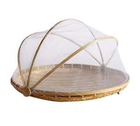 Woven Fruit Vegetable Basket with Net Round Dustproof Wicker Picnic Tray Food Bread Dishes with Gauze Cover Mesh Drying Food Storage Dustpan Laundry