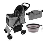 Woven Grey Pet Stroller Pushchair for Cats & Dogs Folding Travel Buggy 15kg Capacity 4 Wheels Brakes Canopy Basket Cup Holder Rain Cover Caddy Bag Plus Collapsible Food & Water Bowl Bundle