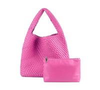 Woven Handbag Straw Purse for Women, Vegan Leather Shoulder Bag Top Handle Tote, Rose, L