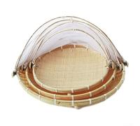 Woven Kitchen Storage Basket with Net Top, Woven Multipurpose Basket with Dome Lid, Foldable Food Serving Tray for Fruits Vegetables Bread, Multipurpose Kitchen Organiser, Small