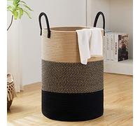 Woven Laundry Hamper by Fiona’s magic,Tall Cotton Rope Laundry Basket, Large Boho Storage Basket for Blankets, Toys and Clothes Hamper for Bedroom and Living Room Organizing, Jute, 58L, Brown & Black