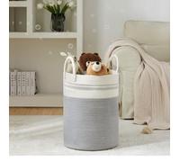 Woven Laundry Hamper, Cotton Rope-Basket Large Blanket Woven Storage Collapsible Dirty Clothes-Basket Toy Storage Organiser with Handle for Living Room Bedroom Comforter Thread, White+Grey