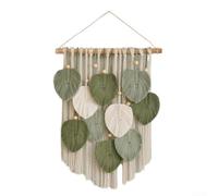 Woven Leaf Tapestry with Tassels and Wooden Elements, Cotton Wall Art for Enhancing Living Room and Hallway (Green)