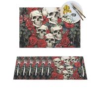 Woven Placemats Cool Skull Head and Roses Durable Table Mats Indoor Place mats Washable Non-Slip Heatproof Woven Placemats for Dining PVC Place Mat for Dinners Wedding Parties