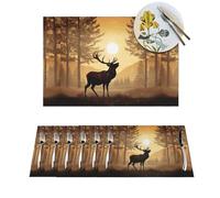 Woven Placemats Elk Artwork Durable Table Mats Indoor Place mats Washable Non-Slip Heatproof Woven Placemats for Dining PVC Place Mat for Dinners Wedding Parties
