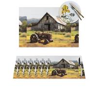 Woven Placemats Old Wooden Barn with Rusted Tractor Durable Table Mats Indoor Place mats Washable Non-Slip Heatproof Woven Placemats for Dining PVC Place Mat for Dinners Wedding Parties