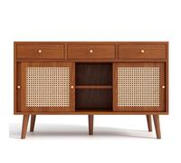 Woven Rattan Buffet with 3 Drawers & 3 Sliding Doors, Solid Wood Legs, Gold Metal Handles, Adjustable Shelves - Elegant Walnut Storage Cabinet for Living Room & Dining Room