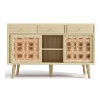Woven Rattan Buffet with 3 Drawers & 3 Sliding Doors, Solid Wood Legs, Gold Metal Handles, Adjustable Shelves, Oak Finish - Stylish Storage Solution for Living Room