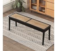 Woven Rattan Entryway Bench Farmhouse Wooden Bench Rustic Solid Wood Dining Bench 2 Persons Rectangular Bench for End of Bed Side Table for Living Room Bedroom Dining room Balcony