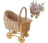 Woven Rattan Stroller Shaped Flower Basket,Vintage Handwoven Rustic Wicker Carriage Basket Decoration with Handle,Centerpiece Floral Arrangement Holder for Wedding & Baby Shower Decor