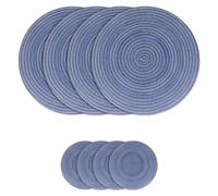 Woven Round Placemats Set, 4Pcs 38cm Cotton Placemats and 4Pcs 11cm Coaster, Heat Resistant Washable Mats for Kitchen, Dining Table (Blue)