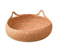 Woven Straw Cat Bed,Round Breathable Woven Basket Cattery,Cat's Ears Shaped Handmade Wicker Pet Bed for Cats & Dogs,Scratch-Proof Scratching Board Pet Nest,Comfortable for All Seasons (S)