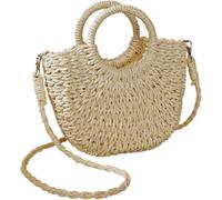 Woven Straw Style Crossbody Bag for Women - Round Summer Grab Handbag with Detachable Strap - Lightweight Holiday & Beach Bag (Beige)