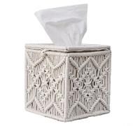 Woven Tissue Box Cover, Square Macrame Tissue Holder with Pearl Clasp, Cotton Storage Case for Home, Office, Car, Bathroom, Dining Table Decor, Fits Standard 5.5 Inch