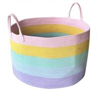 Woven Toy Storage Basket, Extra Large Rainbow Rope Dirty Clothes Laundry Blanket Baskets, Round Toy Box Storage for Girls Kids Baby Washing Bin, Pink Bedroom Accessories Decor 50cm×33cm