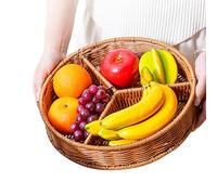 Woven Tray - Rattan Snack Compartment Storage Tray | 3 Grids Round Coffee Table | Reusable Sundries Organizers | Divided Wicker Fruit Basket for Home Studio Restaurants Fruit Basket
