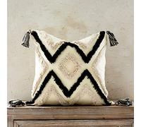 Woven Tufted Boho Throw Pillow Cover, Modern Decorative Geometric Chevron Striped Cushion with Tassels, Farmhouse Tribal Pillowcases for Couch Sofa Bedroom Living Room, 18 x 18 Inches, Black, Ivory