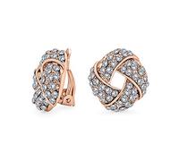 Woven White Clear Crystal Love Knot Work Clip On Earrings For Women Non Pierced Ears Rose Gold Plated Brass