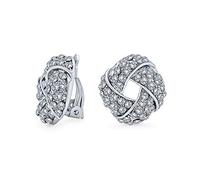 Woven White Clear Crystal Love Knot Work Clip On Earrings For Women Non Pierced Ears Silver Plated Brass