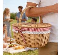 Woven Wicker Easter Basket with Double Lids, 25cm Classic Willow Egg Hunt Hamper with Lace Fabric Lining, Rustic Spring Picnic Bucket and Candy Gift Tote (Brown)