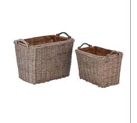 Wovenhill | Set of 2 Rectangular Rattan Log Basket | Grey Wash Storage | Wooden Handles