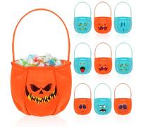 Wovnet 10 Pcs Halloween Treats Gift Bags Pumpkin Candy Bucket Halloween Non-woven Candy Bag with Ghost Vampire Skeleton Witch Pattern Cute Tote Handbag for Classroom Family Party Favor Supplies