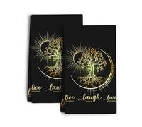 Wovoto Live Laugh Love Kitchen Dish Towels and Dishcloths Sets of 2 Absorbent Dish Cloths Set Golden Tree Tea Hand Towels for Kitchen Farmhouse Holiday Housewarming Home Decor Gifts 16"x24"
