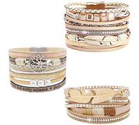 Wowanoo 3Pack Multilayer Wrap Bracelet Set, Crystal Feather Tree Bracelet, Magnetic Clasp, Women, Pack Of 3, Leather