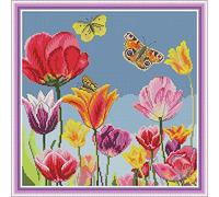 WOWDECOR Cross Stitch Embroidery Kits for Adults Kids, Colorful Tulip Flowers Butterfly 11CT Stamped DIY DMC Needlework Easy Beginners