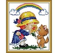 WOWDECOR Cross Stitch Embroidery Kits for Adults Kids, Lovely Girl Puppy Rainbow 11CT Stamped DIY DMC Needlework Easy Beginners