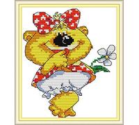 WOWDECOR Cross Stitch Embroidery Kits for Adults Kids, Lovely Little Bear Flowers 11CT Stamped DIY DMC Needlework Easy Beginners