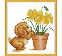 WOWDECOR Cross Stitch Embroidery Kits for Adults Kids, Lovely Puppy Flowers Potted Plant 11CT Stamped DIY DMC Needlework Easy Beginners (Dog)