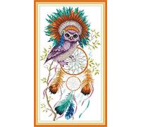 WOWDECOR Cross Stitch Embroidery Kits for Adults, Owl Animals Dream Catcher Colorful Feathers 11CT Stamped DIY DMC Needlework Easy Beginners