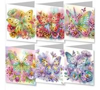 WOWDECOR Diamond Art Greeting Cards Kit Butterfly Flower Decorative, Pack of 6 DIY Diamond Painting Cards Sets, 5D Diamond Art Best Wishes Cards with Envelopes, Postcards for Handmade