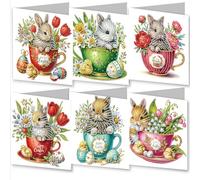 WOWDECOR Diamond Art Greeting Cards Kit Easter Egg Bunny Flowers Teacup, Pack of 6 DIY Diamond Painting Cards Sets, 5D Diamond Art Happy Easter Cards with Envelopes, Postcards for Handmade