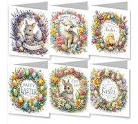 WOWDECOR Diamond Art Greeting Cards Kit Easter Eggs Flowers Wreath, Pack of 6 DIY Diamond Painting Cards Sets, 5D Diamond Art Happy Easter Cards with Envelopes, Postcards for Handmade