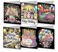 WOWDECOR Diamond Art Greeting Cards Kit Owl Birthday Cake Balloon, Pack of 6 DIY Diamond Painting Cards Sets, 5D Diamond Art Happy Birthday Cards with Envelopes, Postcards for Handmade
