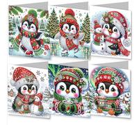 WOWDECOR Diamond Art Greeting Cards Kit Penguin Skating Christmas Hat Scarf, Pack of 6 DIY Diamond Painting Cards Sets, 5D Diamond Art Christmas Cards with Envelopes, Postcards for Handmade