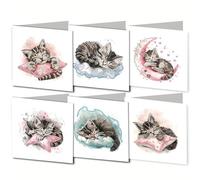 WOWDECOR Diamond Art Greeting Cards Kit Watercolor Sleeping Kitten, Pack of 6 DIY Diamond Painting Cards Sets, 5D Diamond Art Best Wishes Cards with Envelopes, Postcards for Handmade