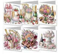 WOWDECOR Diamond Art Greeting Cards Kit Wreath Cake Champagne Valentine's Day, Pack of 6 DIY Diamond Painting Cards Sets, 5D Diamond Art Best Wishes Cards with Envelopes, Postcards for Handmade