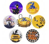 WOWDECOR DIY Diamond Art Coasters to Make Set of 6 with Holder, 5D Halloween Pumpkin Diamond Painting Coasters Kits Crystal Art Coaster for Car Cups Drinks Home Bar