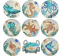 WOWDECOR DIY Diamond Art Coasters to Make Set of 8 with Holder, 5D Ocean Diamond Painting Coasters Kits Crystal Art Coaster for Car Cups Drinks Home Bar