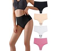 Wowdecor High Waisted Thongs for Women, Tummy Control Underwear Cotton Seamless No Show Plus Size Panties, 4 Pack Mix C, XL