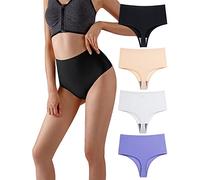 Wowdecor High Waisted Thongs for Women, Tummy Control Underwear Cotton Seamless No Show Plus Size Panties, 4 Pack Mix B, M