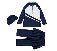 WOWDECOR Modest Swimsuits for Kids Girls, Muslim Long Sleeve Shorts Swimwear with Swim Skirt Set (Navy Blue, 120)