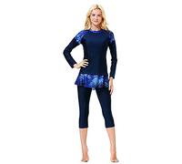 WOWDECOR Modest Swimsuits for Women Girls, Muslim Long Sleeve Shorts Swimwear with Swim Skirt Set (Navy Blue, L)