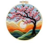 WOWDECOR Needle Felting Kit Picture for Beginners Adults, Cherry Blossom Tree Sunset Mountain DIY Wool Felt Painting Starter Kits with Mat, Embroidery Hoop and Tools for Home Decor (Flower)