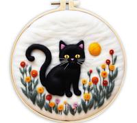 WOWDECOR Needle Felting Kit Picture for Beginners Adults, Floral Black Cat Flower DIY Wool Felt Painting Starter Kits with Mat, Embroidery Hoop and Tools for Home Decor (Cat)