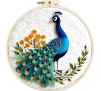 WOWDECOR Needle Felting Kit Picture for Beginners Adults, Peacock Yellow Flower Bird DIY Wool Felt Painting Starter Kits with Mat, Embroidery Hoop and Tools for Home Decor (Peacock)